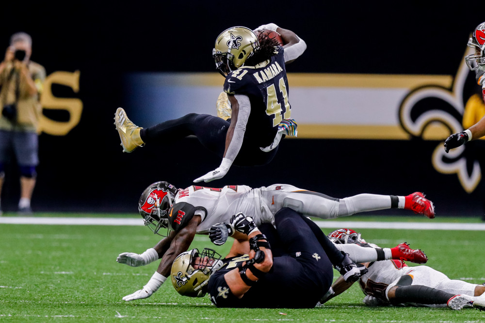 NEW ORLEANS, LA - OCTOBER 06:  Tampa Bay Buccaneers free safety Jordan Whitehead (31) makes the tackle against New Orleans Saints running back Alvin Kamara (41) during the game between the New Orleans Saints and the Tampa Bay Buccaneers on October 6, 2019 at the Mercedes-Benz Superdome in New Orleans, LA. (Photo by Stephen Lew/Icon Sportswire)