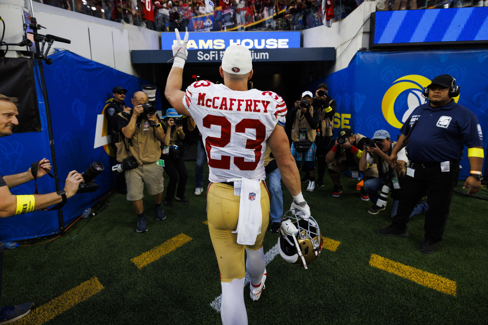 INGLEWOOD, CA - OCTOBER 30: San Francisco 49ers running back Christian McCaffrey (23) celebrates after an NFL football game between the San Francisco 49ers and the Los Angeles Rams on October 30, 2022 at SoFi Stadium in Inglewood, CA. (Photo by Ric Tapia/Icon Sportswire)