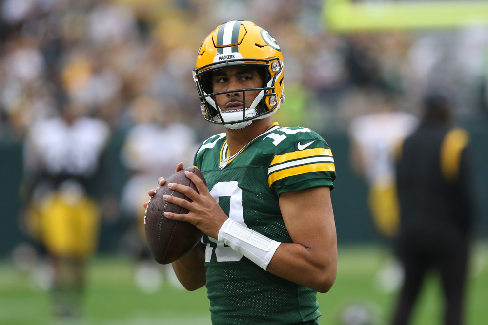 GREEN BAY, WI - OCTOBER 03: Green Bay Packers quarterback Jordan Love (10) warms up during a game between the Green Bay Packers and the Pittsburgh Steelers at Lambeau Field on October 3, 2021 in Green Bay, WI. (Photo by Larry Radloff/Icon Sportswire)