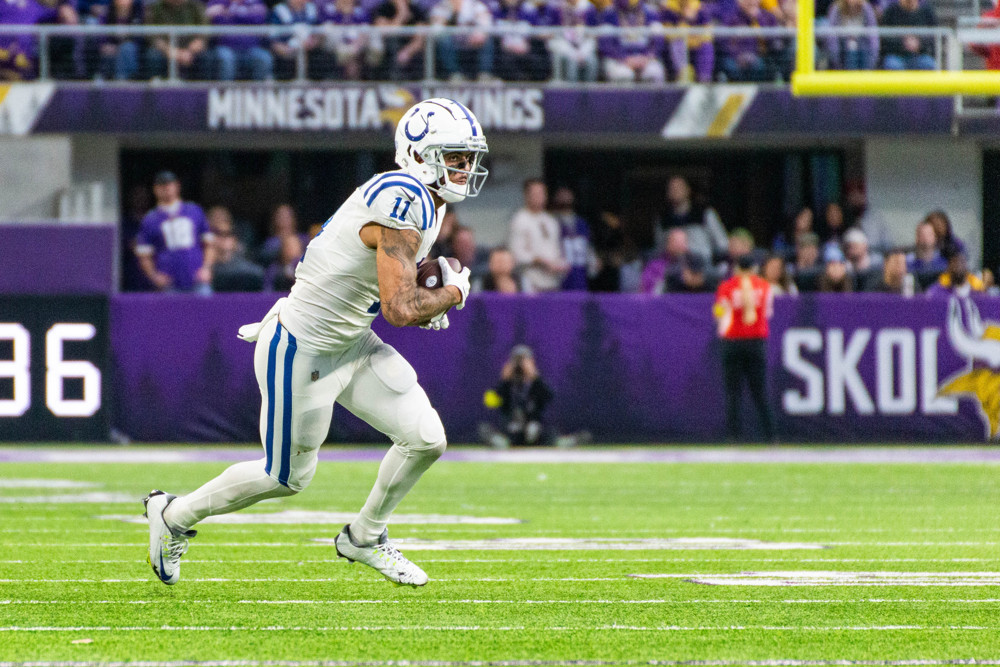 MINNEAPOLIS, MN - DECEMBER 17: Indianapolis Colts wide receiver Michael Pittman Jr. (11) runs with the football during the NFL game between the Indianapolis Colts and Minnesota Vikings on December 17th, 2022, at U.S. Bank Stadium in Minneapolis, MN. (Photo by Bailey Hillesheim/Icon Sportswire)